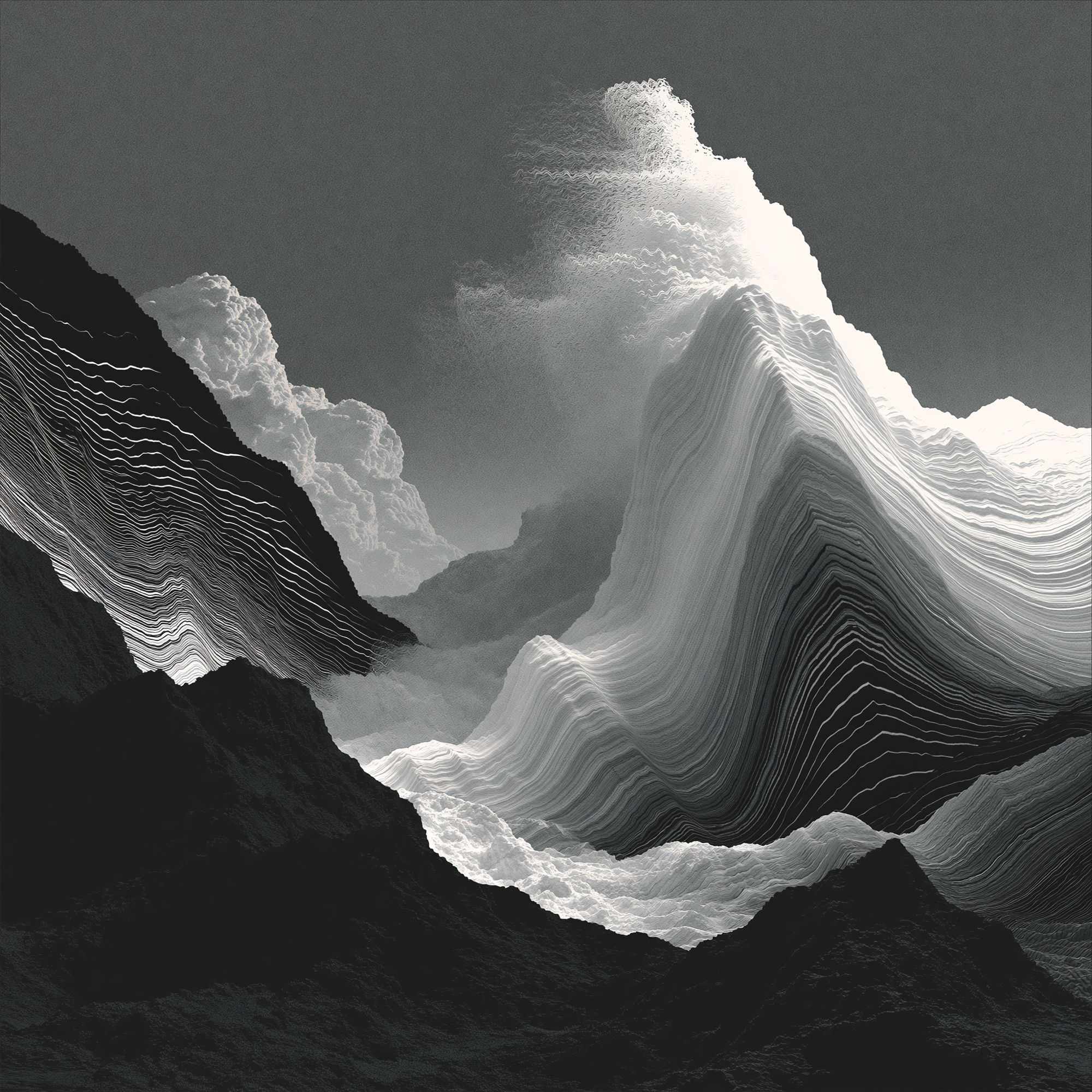 Black-and-white mountain strata, layer by layer